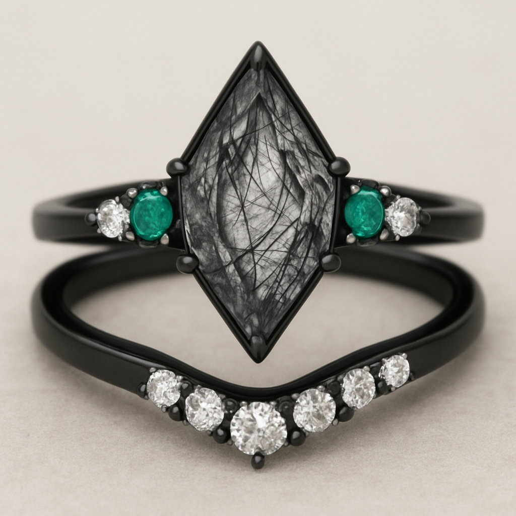 Skinny Kite cut Black rutilated quartz with 1 emerald on each side and 3 moissanite on each side accent stones in a cluster on a black band, separate wedding band black with moissanite stones that curves around the main stone 
