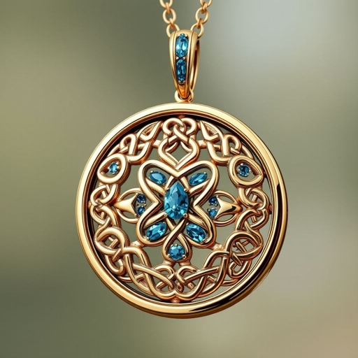 A celtic locket with VVS 50 carat Nanette-cut turquoise sapphire gemstones and 18k gold chain
