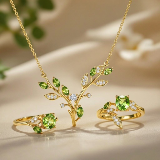 Necklace and earring and rings within peridot and diamond with gold
