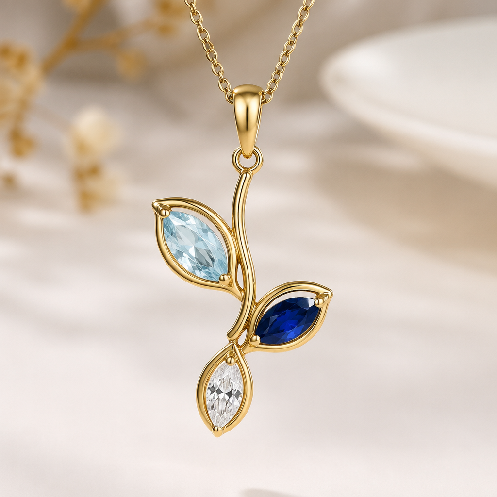 A nature women's pendant made of gold with aquamarine and diamond and sapphire stones suitable for daily wear. three leaf each contain different gemstone from three I have choosen
photorealistic jewelry design, A nature women's pendant made of gold with aquamarine and diamond and sapphire stones suitable for daily wear. three leaf each contain different gemstone from three I have choosen, nature_inspired style, just the design no text