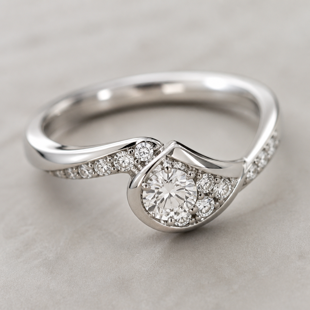 A modern women's ring made of platinum with diamond stones suitable for wedding
photorealistic jewelry design, A modern women's ring made of platinum with diamond stones suitable for wedding, modern style, just the design no text