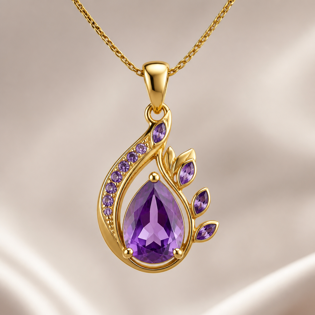 A modern women's pendant made of gold with amethyst stones suitable for wedding
photorealistic jewelry design, A modern women's pendant made of gold with amethyst stones suitable for wedding, modern style, just the design no text