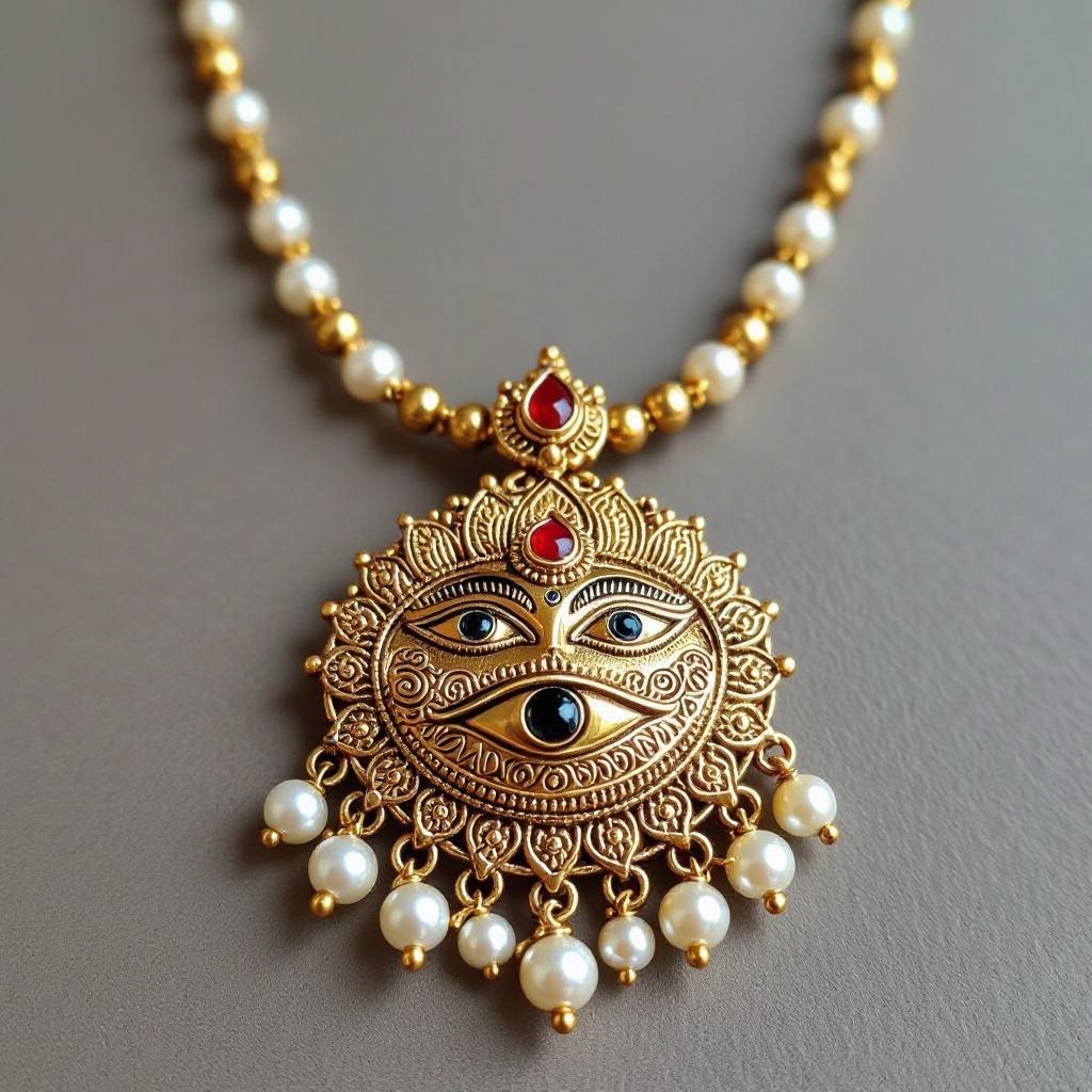 Кулон на длинной цепочке. Матовое светлое золото. В цепочке небольшие золотые шарики и жемчуг. Кулон в виде двух глаз над ними лотос с маленьким красным камнем внутри узоры завитушки 