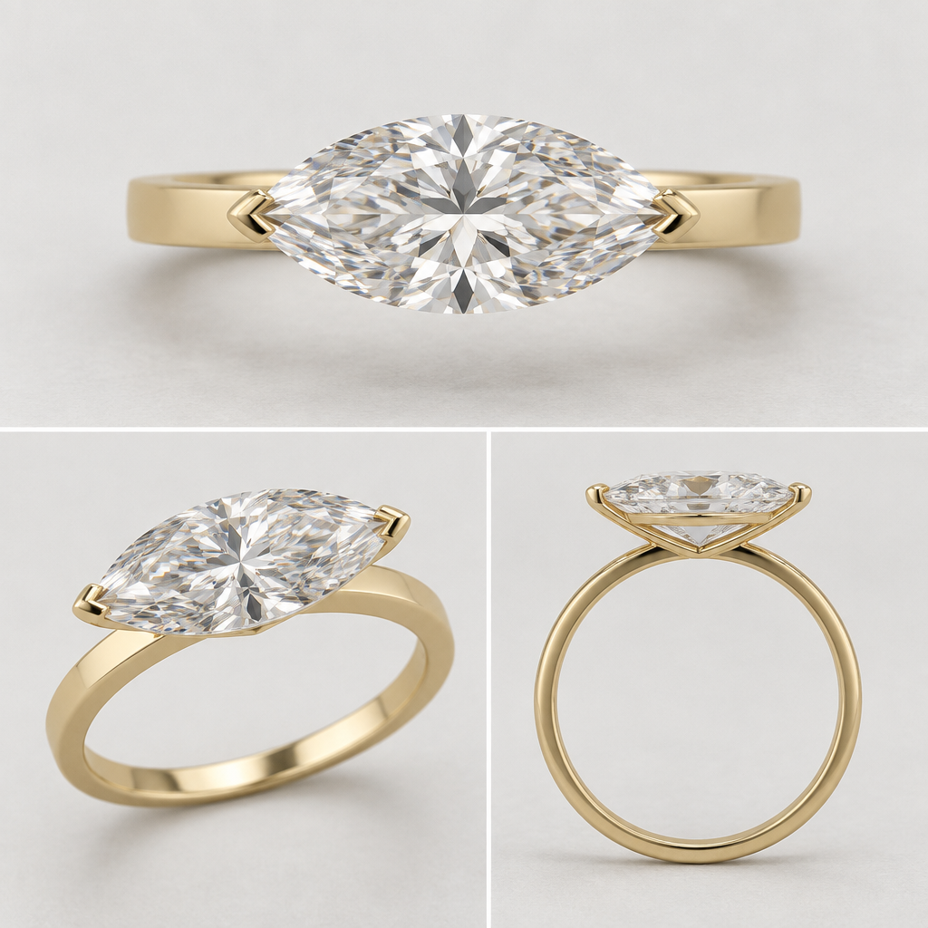 A women's ring, detailed and decorative, moderately ornate. Create a high-end minimalist solitaire ring in yellow gold using ONE 1.90 ct laboratory-grown marquise diamond, E color, VS2 clarity, measuring exactly 12.81 × 6.39 × 4.11 mm. Preserve the diamond’s exact long, narrow marquise proportions. The marquise MUST be oriented EAST–WEST/HORIZONTALLY across the finger. Never rotate it vertically.
Use a thin 2 mm flat yellow-gold band. Design an extremely minimal, low-profile “floating” setting in which the diamond appears almost completely unsupported from the top view. Use only two tiny V-shaped gold claws at the extreme marquise points, with the structural support positioned primarily UNDER the diamond and hidden beneath its girdle. Use a very thin hidden under-gallery connecting the stone to the band.
From above, the gold should barely touch the diamond and must NOT frame or surround its sides. No curved gold crescents, no visible bezel, no bulky basket, no large prongs, no decorative shoulders, no halo, no accent diamonds. The stone should visually appear to float above a clean 2 mm flat band.
The construction must remain physically realistic and secure for everyday wear by a professional jeweler. Contemporary architectural fine jewelry, extremely clean and understated. Show top, three-quarter, and side views, with the side view clearly showing the hidden structural support and realistic connection to the band. Exactly ONE marquise diamond.
photorealistic jewelry design, A women's ring, detailed and decorative, moderately ornate. Create a high-end minimalist solitaire ring in yellow gold using ONE 1.90 ct laboratory-grown marquise diamond, E color, VS2 clarity, measuring exactly 12.81 × 6.39 × 4.11 mm. Preserve the diamond’s exact long, narrow marquise proportions. The marquise MUST be oriented EAST–WEST/HORIZONTALLY across the finger. Never rotate it vertically.
Use a thin 2 mm flat yellow-gold band. Design an extremely minimal, low-profile “floating” setting in which the diamond appears almost completely unsupported from the top view. Use only two tiny V-shaped gold claws at the extreme marquise points, with the structural support positioned primarily UNDER the diamond and hidden beneath its girdle. Use a very thin hidden under-gallery connecting the stone to the band.
From above, the gold should barely touch the diamond and must NOT frame or surround its sides. No curved gold crescents, no visible bezel, no bulky basket, no large prongs, no decorative shoulders, no halo, no accent diamonds. The stone should visually appear to float above a clean 2 mm flat band.
The construction must remain physically realistic and secure for everyday wear by a professional jeweler. Contemporary architectural fine jewelry, extremely clean and understated. Show top, three-quarter, and side views, with the side view clearly showing the hidden structural support and realistic connection to the band. Exactly ONE marquise diamond., modern style, just the design no text