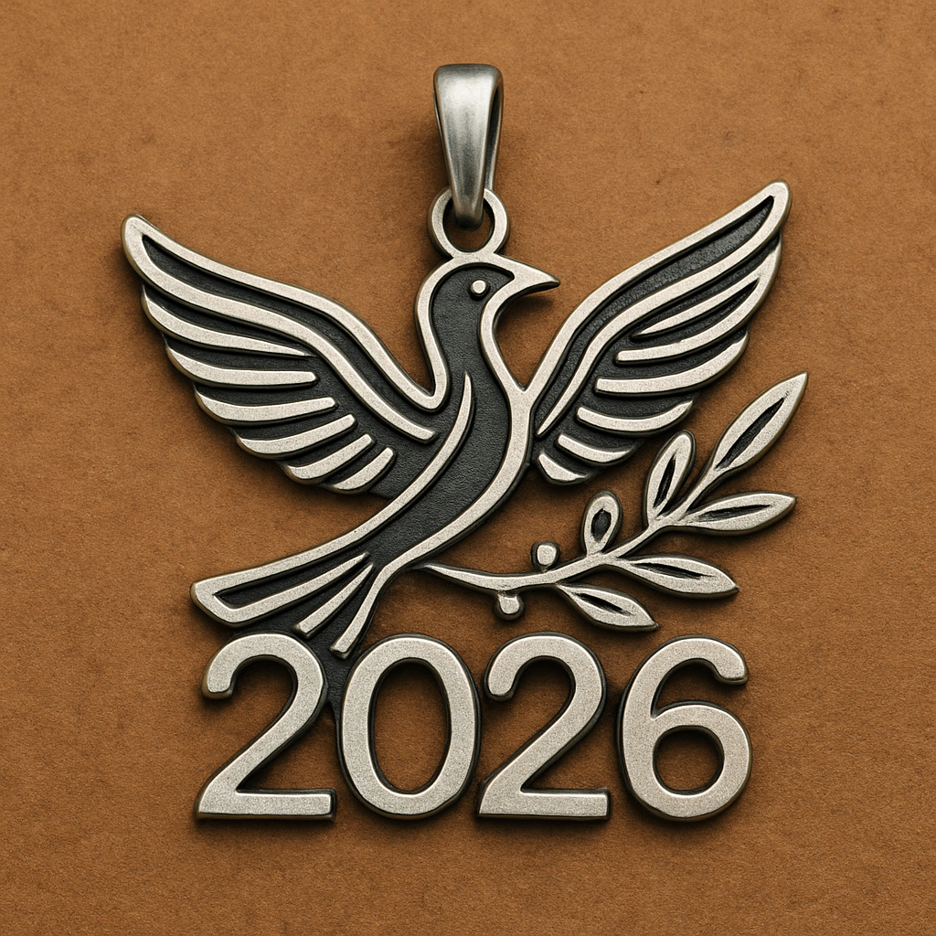 Slim Silver cut-out charm blending together only the two spread out wings of a bird, an olive branch and  along year 2026