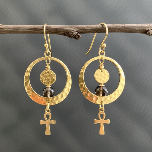 Золотые серьги словно мятое золото в форме узкого изящного полумесяца. Верхушка полумесяца крепится к застежке серьги. К нижней части полумесяца крепятся три подвески: миниатюрный золотой египетриский крест, очень маленький кристалл раухтопаза и маленький золотой кружочек с мятым эффектом плоский