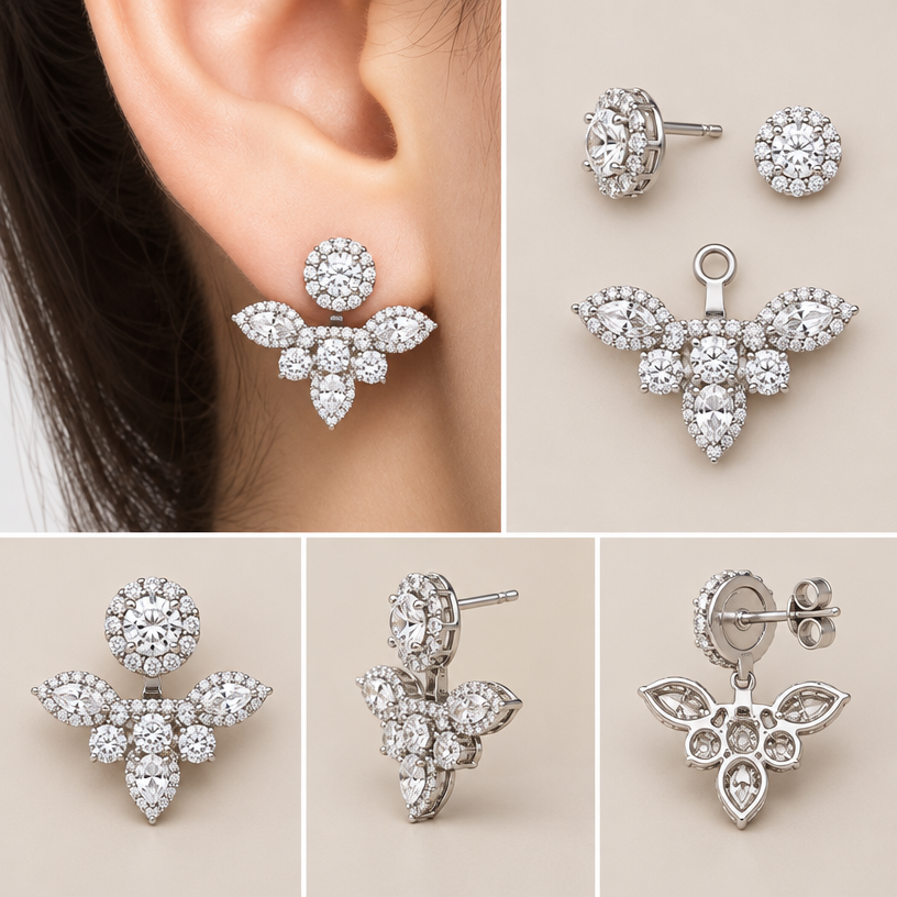 A women's earrings, detailed and decorative, moderately ornate. เปลี่ยนในวงกลมสีแดงเป็นเม็ดเดี่ยวล้อม, สามารถถอดออกเป็นส่วนๆได้, อ่อมให้หู,4 views
using the attached image as a visual reference, create A women's earrings, detailed and decorative, moderately ornate. เปลี่ยนในวงกลมสีแดงเป็นเม็ดเดี่ยวล้อม, สามารถถอดออกเป็นส่วนๆได้, อ่อมให้หู,4 views. photorealistic, just the design no text
