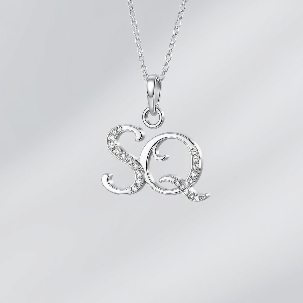 silver necklace with the pendant in letter letters SQ with white  stones. Make it cute and simple 