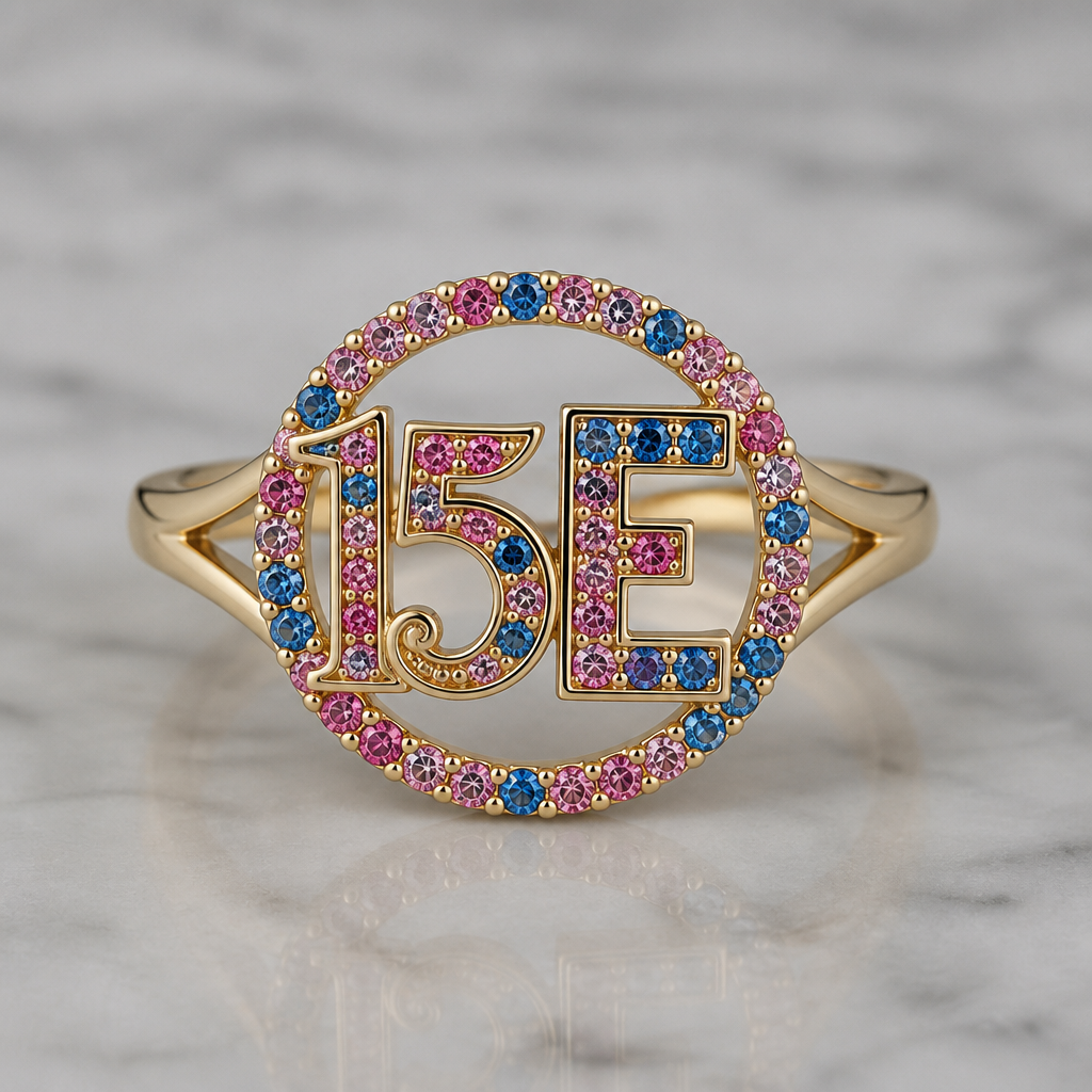A contemporary women's ring made of gold. um anel de 15 anos com inicial E com pedrinhas azul e pedrinhas rosa em volta
photorealistic jewelry design, A contemporary women's ring made of gold. um anel de 15 anos com inicial E com pedrinhas azul e pedrinhas rosa em volta, contemporary style, just the design no text