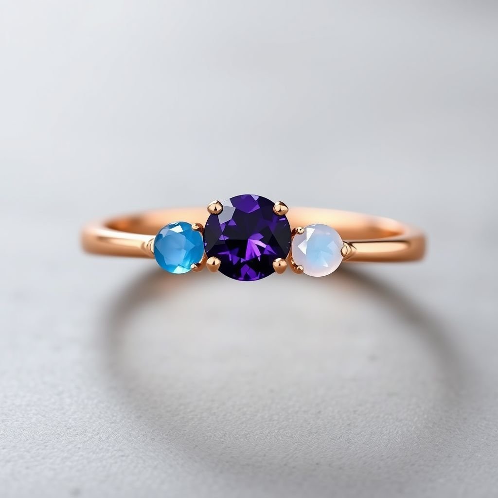 A simple, three stone 18 karat rose gold engagement ring set with a circular purple alexandrite. Also set with a small half moon blue chalcedony on one side right next to it, and a small half moon moonstone set on the other side right next to it. On the inside of the band, it has an inscription reading, “Tuum. Et in hac vita et in altera.”