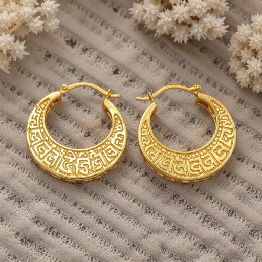 Серьги золотые в форме полукруга, полукруг как продолжение застежки, на полукруге надписи мантрами на санскрите
