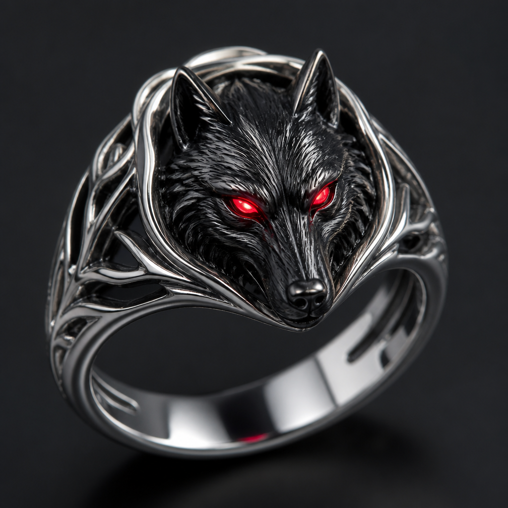 A platinum women's ring made of silver. Ma wolf wali ring banana chati hu ring silver hu wolf black hu or eyes red hu glow kry
photorealistic jewelry design, A platinum women's ring made of silver. Ma wolf wali ring banana chati hu ring silver hu wolf black hu or eyes red hu glow kry, platinum style, just the design no text