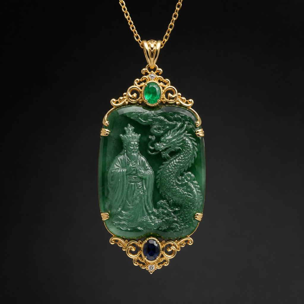 A women's pendant with sapphire and emerald stones suitable for daily wear. mi joya va a ser una que haga que las personas puedan sentir la presencia el respeto hacia esa persona que es esa persona se sienta elegante esa persona que su presencia llene todo cuando esté utilizando el colgante q sea un colgante de jade con dos piedras preciosas q tengan un diseño de emperador y un dragón
photorealistic jewelry design, A women's pendant with sapphire and emerald stones suitable for daily wear. mi joya va a ser una que haga que las personas puedan sentir la presencia el respeto hacia esa persona que es esa persona se sienta elegante esa persona que su presencia llene todo cuando esté utilizando el colgante q sea un colgante de jade con dos piedras preciosas q tengan un diseño de emperador y un dragón, modern style, just the design no text