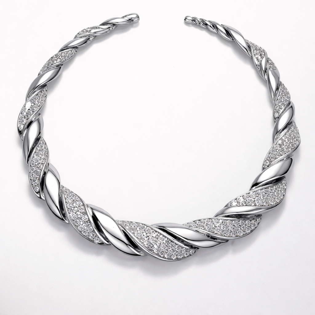 A necklace that is twisted and has diamonds and is made of separate pieces that links together