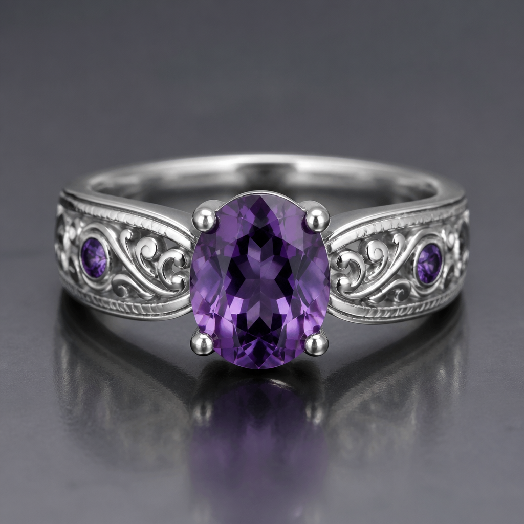 A luxury women's ring made of silver with amethyst stones suitable for gift. on one side of the amethyst engraved " Febuary" And on the other side engraved " other side" both engraved on both sides of amethyst stone.
photorealistic jewelry design, A luxury women's ring made of silver with amethyst stones suitable for gift. on one side of the amethyst engraved " Febuary" And on the other side engraved " other side" both engraved on both sides of amethyst stone., luxury style, just the design no text