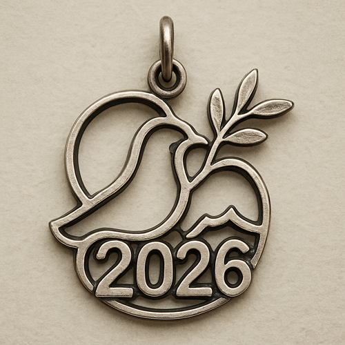Silver minimal cut-out abstract charm blending together the pigeon of peace hold an olive branch along the year 2026