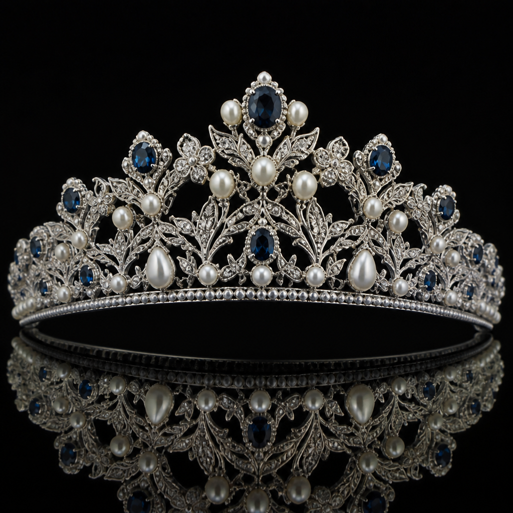 A vintage women's tiara made of white gold with pearl and sapphire stones
photorealistic jewelry design, A vintage women's tiara made of white gold with pearl and sapphire stones, vintage style, just the design no text
