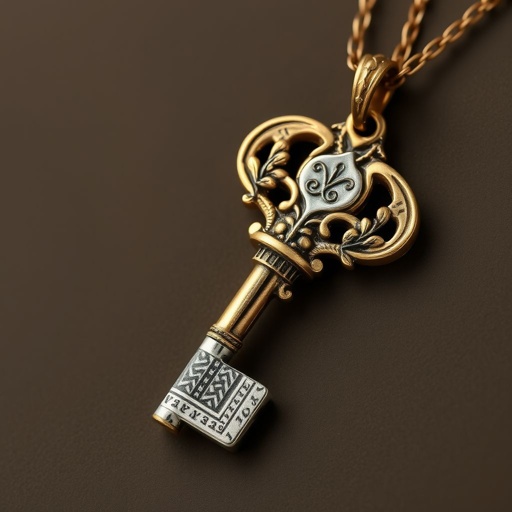 Old skeleton key shape gold and silver tones with olive branch turning on leg and keffieh print on the tip