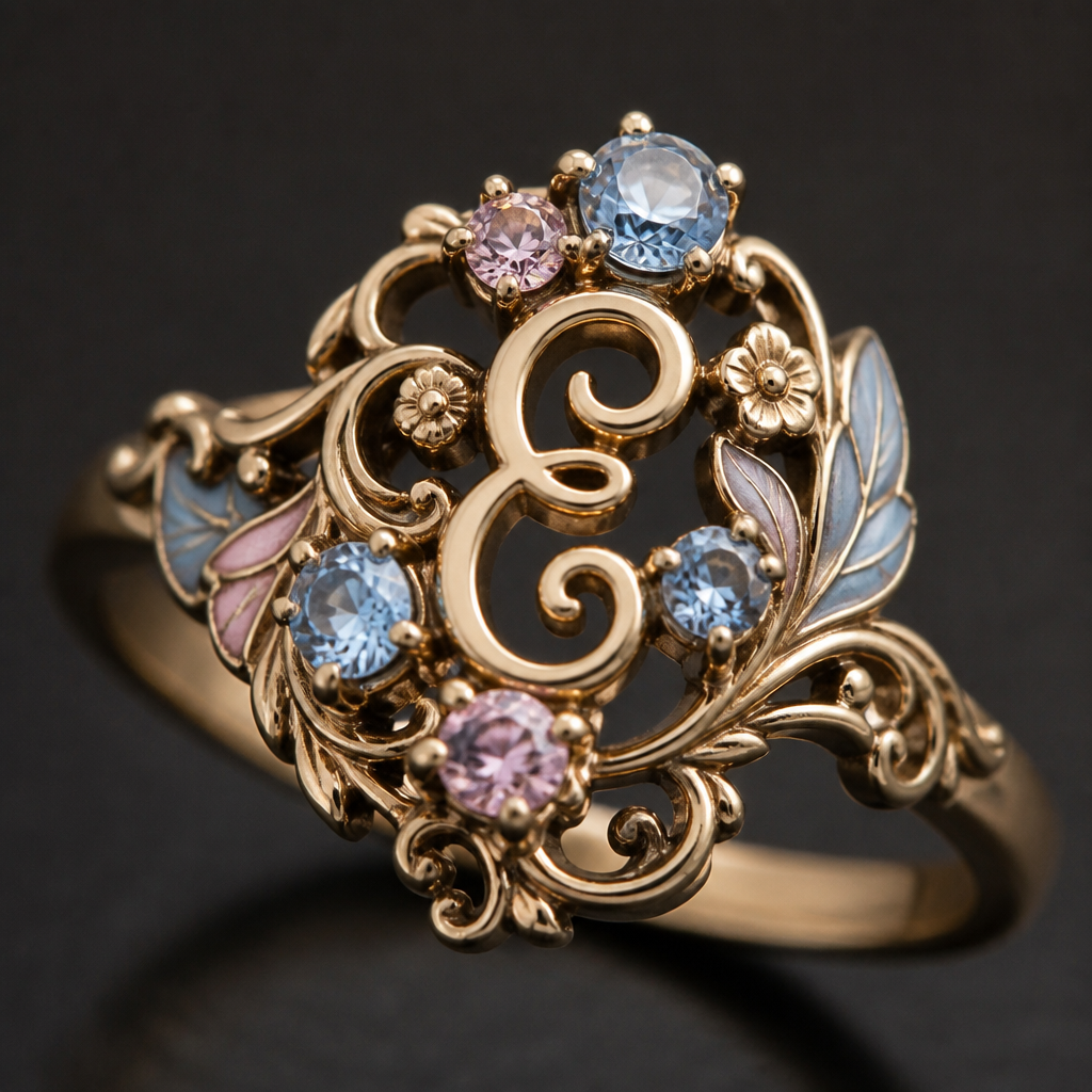 A art nouveau women's ring, detailed and decorative, moderately ornate. anel de 15 anos com inicial E com pedras azul e rosa
photorealistic jewelry design, A art nouveau women's ring, detailed and decorative, moderately ornate. anel de 15 anos com inicial E com pedras azul e rosa, art_nouveau style, just the design no text