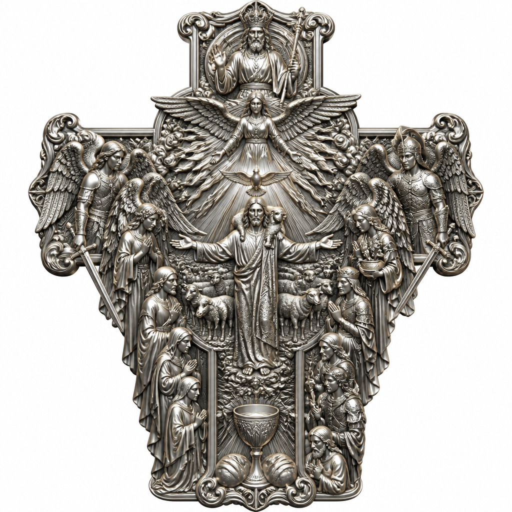 A sculptural women's pendant made of silver suitable for festival. An extraordinary excellent beautiful delicate and elegant, super modern Cross, without stones, without background only the Cross, with Jesus Christ as the Good Shepherd with a beautiful delicate and elegant face, with long hair, with a beautiful delicate elegant and fit body, with His hands wide open to receive all of us, with a beautiful delicate elegant and beautifully ornated tunic, with a beautiful delicate and elegant sheep on His shoulders, with a beautiful delicate and elegant flock of beautiful delicate and elegant sheep backward of Him. Over Jesus Christ and the flock to be placed the Holy Spirit as an Angel with a beautiful delicate and elegant face, with long hair, with big wings flying, with a beautiful delicate elegant and fit body, with a beautiful delicate elegant and beautifully ornated tunic under the Angel to be placed a beautiful delicate and elegant dove flying both of them the Angel and the dove to be surrounded by tongues of fire radiating light to Jesus Christ and the flock. Over the Holy Spirit to be placed God the Father with a beautiful delicate and elegant face, with long hair, with a beautiful delicate elegant and fit body, with a beautiful delicate and elegant tunic, with a beautiful delicate and elegant sceptre at His left hand blessing the world with His right hand, with a beautiful delicate elegant and beautifully ornated crown on His head. At the bottom of the Cross to be placed the Holy Communion with a beautiful delicate elegant and beautifully ornated chalice and two breads around the chalice. At the lower right side of the Cross to be stacked one by one Saint John the Baptist with a beautiful delicate elegant and beautifully ornated platter with his head on it. Over Saint John the Baptist to be placed Saint Constantine with a beautiful delicate and elegant face, with long hair, with a beautiful delicate and elegant crown on his head, with a beautiful delicate elegant and fit body, with a beautiful delicate and elegant armour holding a beautiful delicate elegant and beautifully ornated Cross. Over Saint Constantine to be placed Saint George with a beautiful delicate and elegant face, with long hair, with a beautiful delicate elegant and beautifully ornated helmet with a beautiful delicate elegant and fit body, with a beautiful delicate elegant and beautifully ornated armour, holding a beautiful delicate and elegant sword with his right hand at low position and near the floor giving respect to the Holy Trinity and Praying. Over Saint George to be placed Saint Peter the Apostle Praying. At the left lower side of the Cross to be placed stacked Saint Paraskevi with a beautiful delicate and elegant face, with long hair, with a beautiful delicate elegant and beautifully curved body, with a beautiful delicate elegant and beautifully ornated tunic holding a bowl with two eyes in it. Over Saint Paraskevi to be placed Saint Irene with a beautiful delicate and elegant face, with long hair, with a beautiful delicate elegant and beautifully ornated wreath on her head, with a beautiful delicate elegant and beautifully curved body, with a beautiful delicate elegant and beautifully ornated tunic Praying. Over Saint Irene to be placed Virgo Maria with a beautiful delicate and elegant face, with beautifully ornated long hair, with a beautiful delicate elegant and beautifully curved body, with a beautiful delicate elegant and beautifully ornated tunic Praying. Over Virgo Maria to be placed Saint Paul the Apostle Praying. At the right side of the Cross to be placed Saint Michael the Archangel with a beautiful delicate and elegant face, with long hair, with a beautiful delicate elegant and beautifully ornated helmet, with a beautiful delicate elegant and fit body, with big wings flying, with a beautiful delicate elegant and beautifully ornated armour, holding His beautiful delicate elegant and beautifully ornated sword low to the ground giving respect to the Holy Trinity and Praying. In front of Saint Michael the Archangel to be placed Saint Gabriel the Archangel with a beautiful delicate and elegant face, with long hair, with a beautiful delicate elegant and beautifully ornated helmet on His head, with a beautiful delicate elegant and fit body, with big wings flying, with a beautiful delicate elegant and beautifully ornated armour, holding a beautiful delicate elegant and beautifully ornated bucket of lilyes and Praying. At the left side of the Cross to be placed Saint Rafael the Archangel with a beautiful delicate and elegant face, with long hair, with a beautiful delicate elegant and beautifully ornated helmet, with a beautiful delicate elegant and fit body, with big wings flying, with a beautiful delicate elegant and beautifully ornated armour, holding a beautiful delicate elegant and beautifully ornated sword with his right hand low giving respect to the Holy Trinity and Praying. In front of Saint Rafael the Archangel to be placed the Guardian Angel with a beautiful delicate and elegant face, with long hair, with a beautiful delicate elegant and beautifully ornated with flowers wreath on His head, with a beautiful delicate elegant and fit body, with a beautiful delicate elegant and beautifully ornated tunic Praying. Make all the Angels, the Saints, God the Father, the Holy Spirit and Jesus Christ and the flock as statues.
photorealistic jewelry design, A sculptural women's pendant made of silver suitable for festival. An extraordinary excellent beautiful delicate and elegant, super modern Cross, without stones, without background only the Cross, with Jesus Christ as the Good Shepherd with a beautiful delicate and elegant face, with long hair, with a beautiful delicate elegant and fit body, with His hands wide open to receive all of us, with a beautiful delicate elegant and beautifully ornated tunic, with a beautiful delicate and elegant sheep on His shoulders, with a beautiful delicate and elegant flock of beautiful delicate and elegant sheep backward of Him. Over Jesus Christ and the flock to be placed the Holy Spirit as an Angel with a beautiful delicate and elegant face, with long hair, with big wings flying, with a beautiful delicate elegant and fit body, with a beautiful delicate elegant and beautifully ornated tunic under the Angel to be placed a beautiful delicate and elegant dove flying both of them the Angel and the dove to be surrounded by tongues of fire radiating light to Jesus Christ and the flock. Over the Holy Spirit to be placed God the Father with a beautiful delicate and elegant face, with long hair, with a beautiful delicate elegant and fit body, with a beautiful delicate and elegant tunic, with a beautiful delicate and elegant sceptre at His left hand blessing the world with His right hand, with a beautiful delicate elegant and beautifully ornated crown on His head. At the bottom of the Cross to be placed the Holy Communion with a beautiful delicate elegant and beautifully ornated chalice and two breads around the chalice. At the lower right side of the Cross to be stacked one by one Saint John the Baptist with a beautiful delicate elegant and beautifully ornated platter with his head on it. Over Saint John the Baptist to be placed Saint Constantine with a beautiful delicate and elegant face, with long hair, with a beautiful delicate and elegant crown on his head, with a beautiful delicate elegant and fit body, with a beautiful delicate and elegant armour holding a beautiful delicate elegant and beautifully ornated Cross. Over Saint Constantine to be placed Saint George with a beautiful delicate and elegant face, with long hair, with a beautiful delicate elegant and beautifully ornated helmet with a beautiful delicate elegant and fit body, with a beautiful delicate elegant and beautifully ornated armour, holding a beautiful delicate and elegant sword with his right hand at low position and near the floor giving respect to the Holy Trinity and Praying. Over Saint George to be placed Saint Peter the Apostle Praying. At the left lower side of the Cross to be placed stacked Saint Paraskevi with a beautiful delicate and elegant face, with long hair, with a beautiful delicate elegant and beautifully curved body, with a beautiful delicate elegant and beautifully ornated tunic holding a bowl with two eyes in it. Over Saint Paraskevi to be placed Saint Irene with a beautiful delicate and elegant face, with long hair, with a beautiful delicate elegant and beautifully ornated wreath on her head, with a beautiful delicate elegant and beautifully curved body, with a beautiful delicate elegant and beautifully ornated tunic Praying. Over Saint Irene to be placed Virgo Maria with a beautiful delicate and elegant face, with beautifully ornated long hair, with a beautiful delicate elegant and beautifully curved body, with a beautiful delicate elegant and beautifully ornated tunic Praying. Over Virgo Maria to be placed Saint Paul the Apostle Praying. At the right side of the Cross to be placed Saint Michael the Archangel with a beautiful delicate and elegant face, with long hair, with a beautiful delicate elegant and beautifully ornated helmet, with a beautiful delicate elegant and fit body, with big wings flying, with a beautiful delicate elegant and beautifully ornated armour, holding His beautiful delicate elegant and beautifully ornated sword low to the ground giving respect to the Holy Trinity and Praying. In front of Saint Michael the Archangel to be placed Saint Gabriel the Archangel with a beautiful delicate and elegant face, with long hair, with a beautiful delicate elegant and beautifully ornated helmet on His head, with a beautiful delicate elegant and fit body, with big wings flying, with a beautiful delicate elegant and beautifully ornated armour, holding a beautiful delicate elegant and beautifully ornated bucket of lilyes and Praying. At the left side of the Cross to be placed Saint Rafael the Archangel with a beautiful delicate and elegant face, with long hair, with a beautiful delicate elegant and beautifully ornated helmet, with a beautiful delicate elegant and fit body, with big wings flying, with a beautiful delicate elegant and beautifully ornated armour, holding a beautiful delicate elegant and beautifully ornated sword with his right hand low giving respect to the Holy Trinity and Praying. In front of Saint Rafael the Archangel to be placed the Guardian Angel with a beautiful delicate and elegant face, with long hair, with a beautiful delicate elegant and beautifully ornated with flowers wreath on His head, with a beautiful delicate elegant and fit body, with a beautiful delicate elegant and beautifully ornated tunic Praying. Make all the Angels, the Saints, God the Father, the Holy Spirit and Jesus Christ and the flock as statues., sculptural style, just the design no text