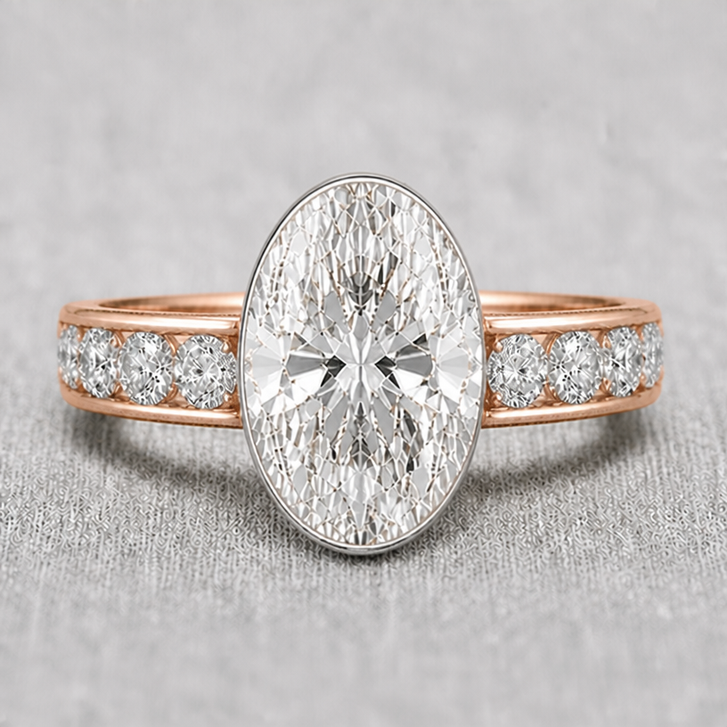 bezel should be thinner to none when it reach the east and west sides of the oval
edit the attached jewelry design with these instructions: bezel should be thinner to none when it reach the east and west sides of the oval. keep it photorealistic, just the design no text
