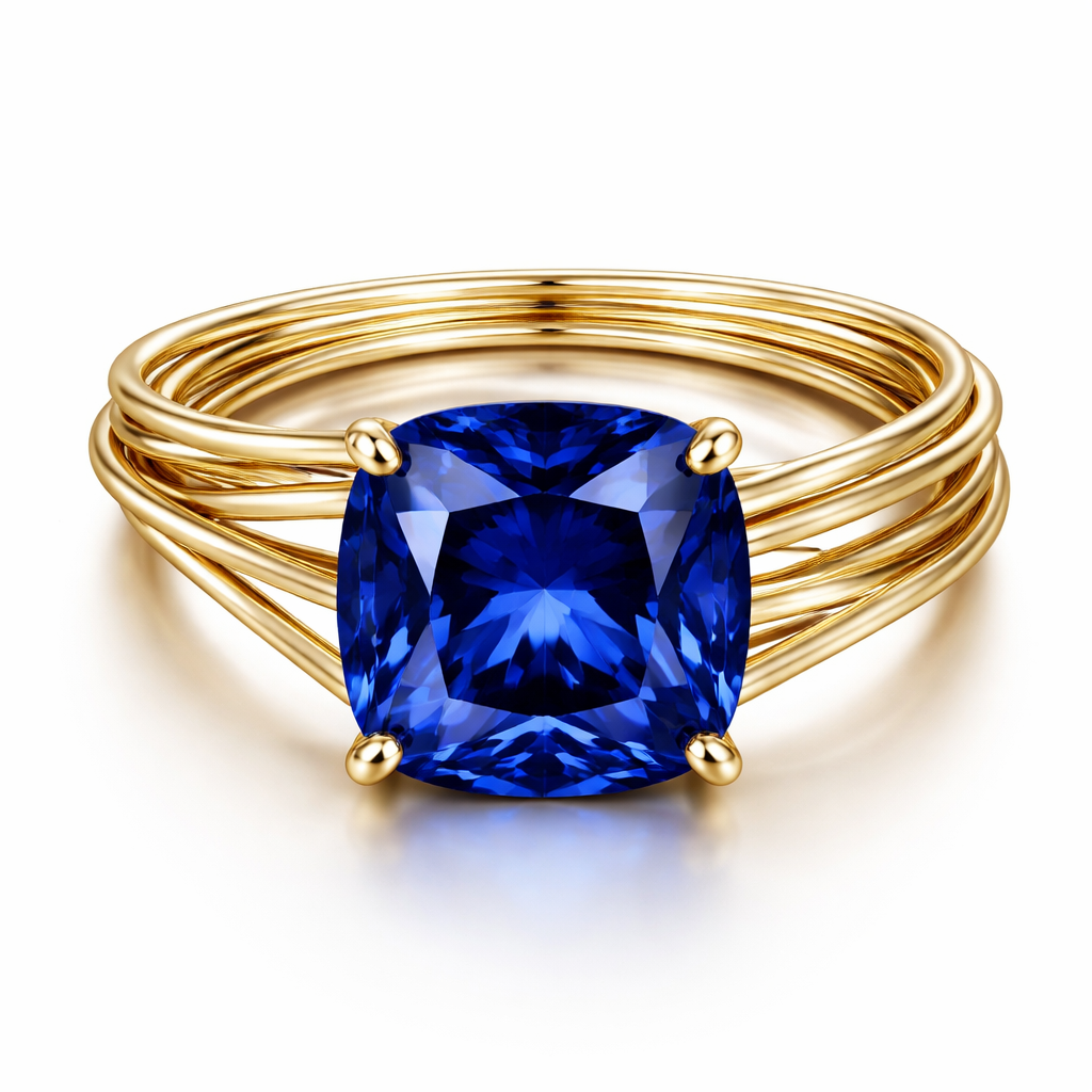 4 carat cushion royal blue sapphire very sexy fashionable ring in yellow gold only and with no additional stones and it should look like many very thin spaghetti