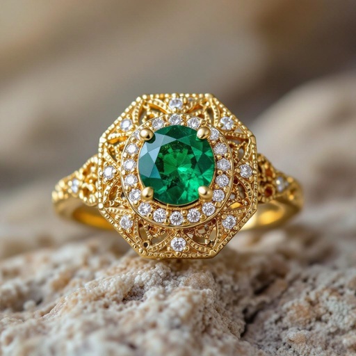 Anillo en oro con esmeralda trapiche redonda y diamantes al rededor que forme un hexágono en el metal