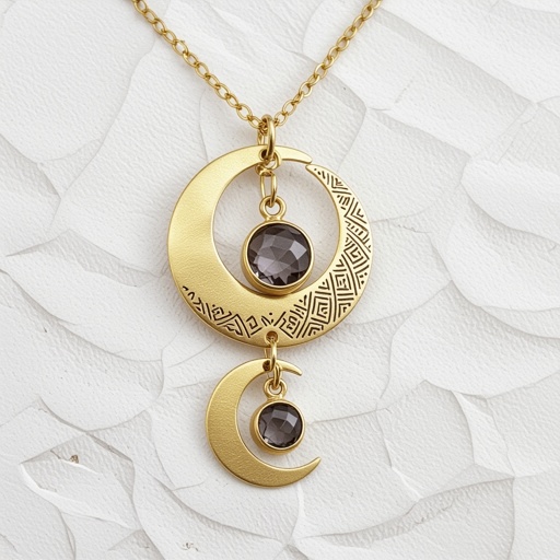 Подвеска из трех полумесяцев с узорами и камнями раухтопаза из матового неровного светлого золота с узорами соединенных цепочкой сверху самый широкий полукруг дальше средний и снизу самый маленький