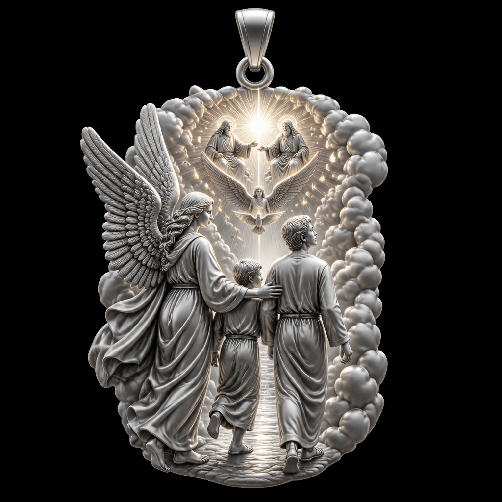 A modern women's pendant made of silver suitable for festival. An extraordinary excellent beautiful delicate and elegant pendant with the Guardian Angel with a beautiful delicate and elegant face, with long hair, with big wings flying, with a beautiful delicate elegant and with beautiful curves at her body, with a beautiful delicate and elegant tunic holding a child and an adult with its hands protecting them and guiding them on the way of the Holy Trinity. Sawing the way of the Holy Trinity in front of them God the Father, God the Son and God the Holy Spirit, the Holy Spirit to be as an Angel with a dove under the Angel surrounded by tongues of fire radiating light to the persons and the Guardian Angel, without the surrounding metals of the pendant. All the persons and the surrounding area to be 3D like statues. With less metal of the pendant and more accurate persons and only the persons and the clouds and the rayes of light. Less metal at the pendant and more 3D persons to be seen all the persons 3D. The persons to be sawn going straight on the way to the Holy Trinity. Part of the face of the persons to be seen.