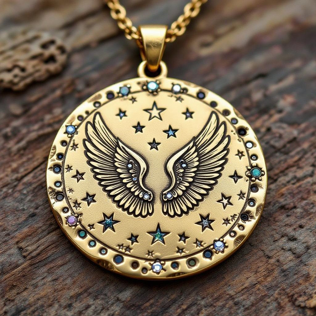Золотой матовый медальон в форме неровного круга с неровными краями. По краям выпуклые точки сплошной линией. На круге выгравирован ангел без фигуры, видно только крылья и вокруг здездочки и разные узоры и украшен миниатюрными камнями