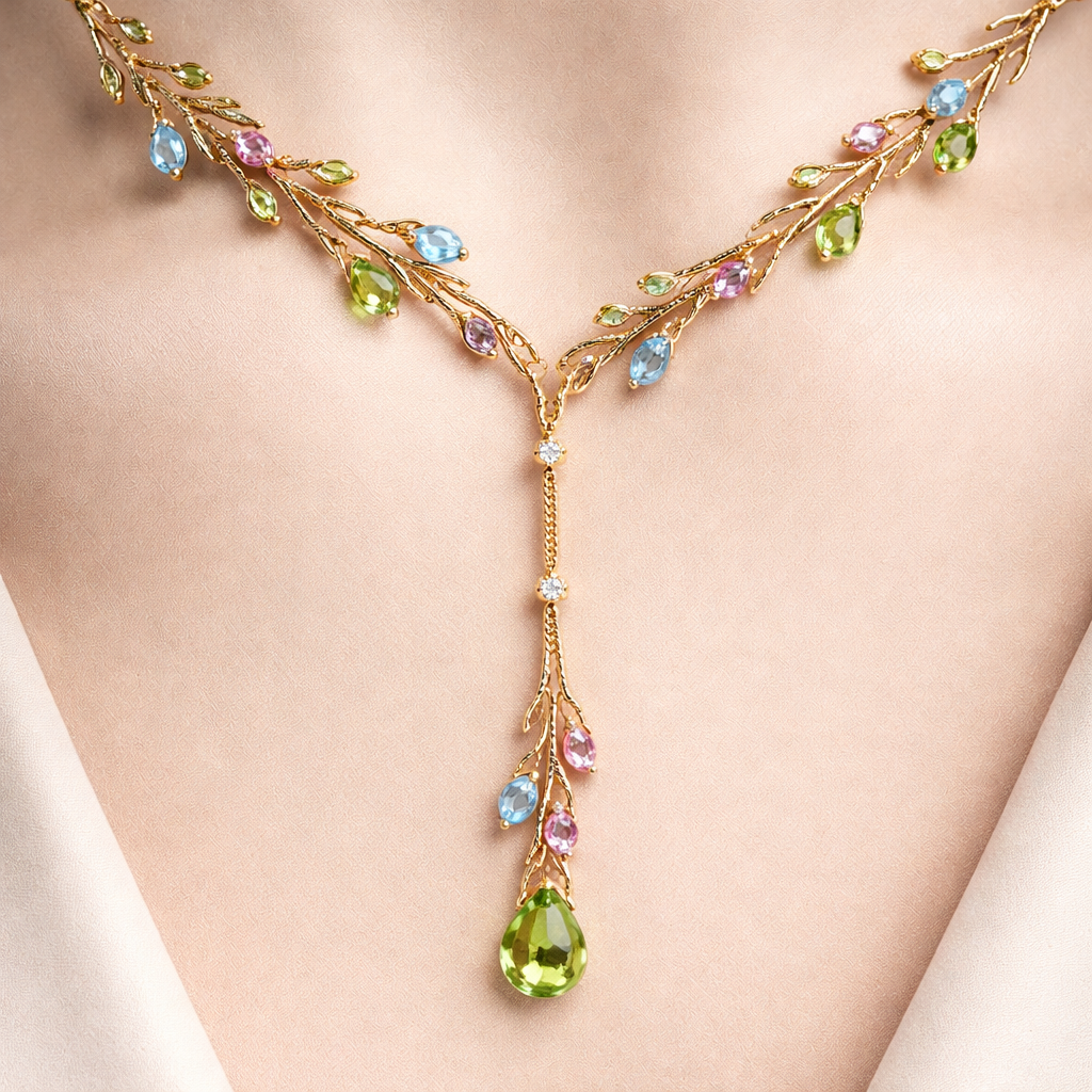 Thin Gold chain with thin wire wrapped around it like an olive branch and small pear cut bright peridot, pink and light blue sapphire stones placed throughout the chain with a lariat.