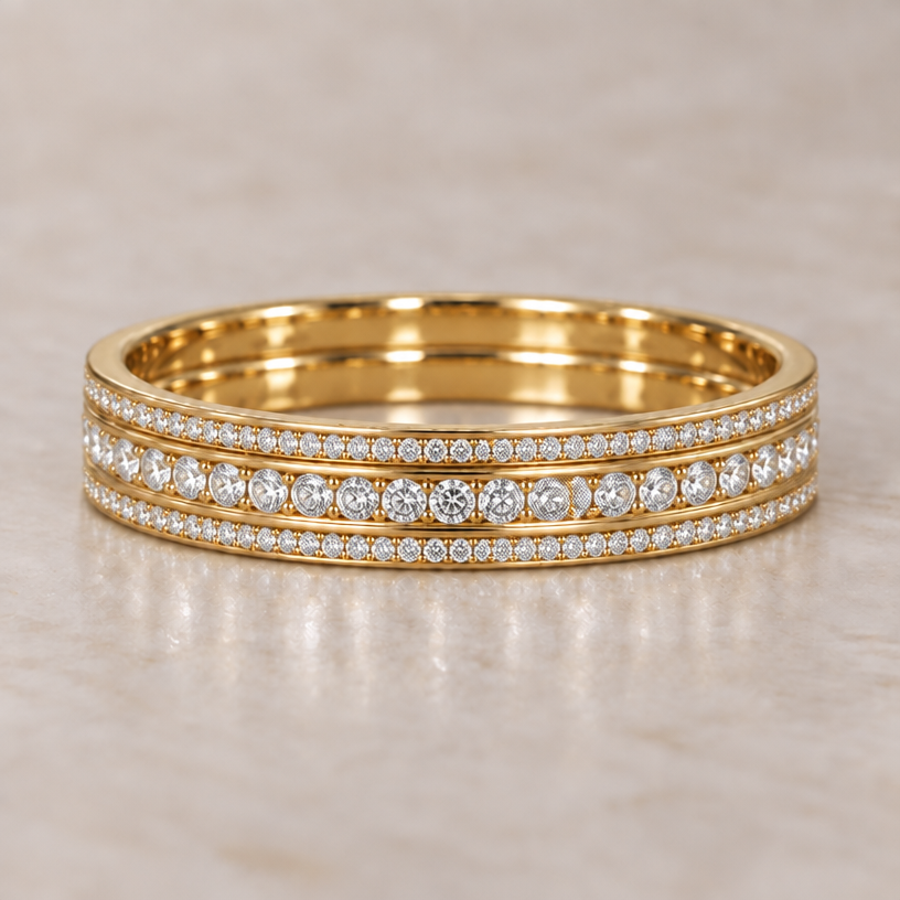 make the diamonds in the middle band all medium sized and the top and lower bands make them with very small and dainty diamonds
make the diamonds in the middle band all medium sized and the top and lower bands make them with very small and dainty diamonds