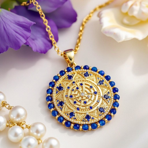 Кулон на длинной цепочке. Матовое светлое золото. В цепочке небольшие золотые шарики и синие камушки и жемчуга. Кулон в форме неровного мятого круга. На круге изображен лабиринт и украшен узорами и мелкими камушками 