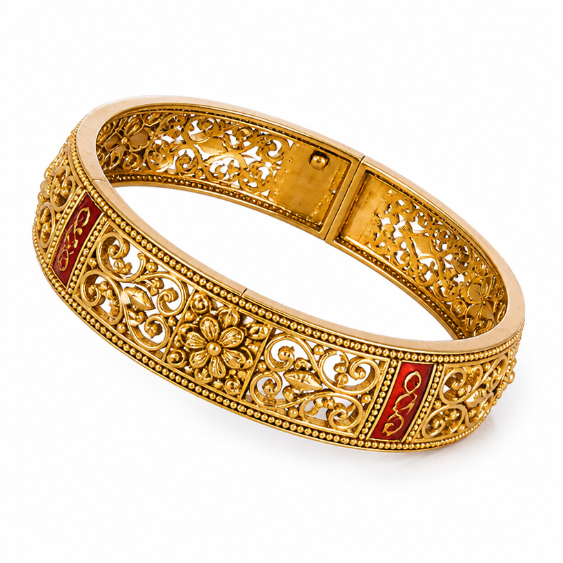A byzantine women's bracelet made of gold
using the attached image as a visual reference, create A byzantine women's bracelet made of gold. photorealistic, just the design no text