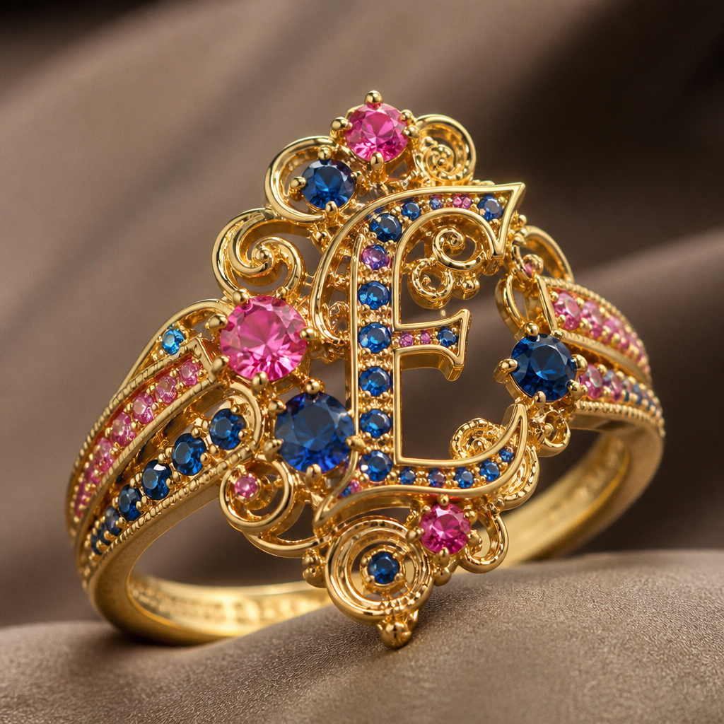 A modern women's ring made of gold, highly ornate, intricate and elaborate, richly detailed. um anel de 15 anos com inicial E com pedrinhas azul e pedrinhas rosa em volta
photorealistic jewelry design, A modern women's ring made of gold, highly ornate, intricate and elaborate, richly detailed. um anel de 15 anos com inicial E com pedrinhas azul e pedrinhas rosa em volta, modern style, just the design no text