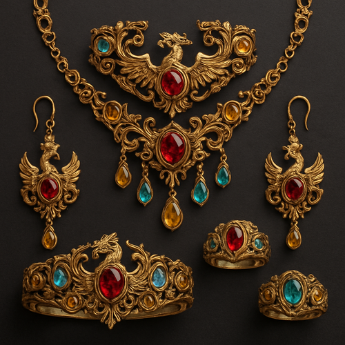 A full Ruby jewelry set including bracelet, earrings and rings with at least 10 citrine and topaz inlays with phoenix themes and an omega necklace
