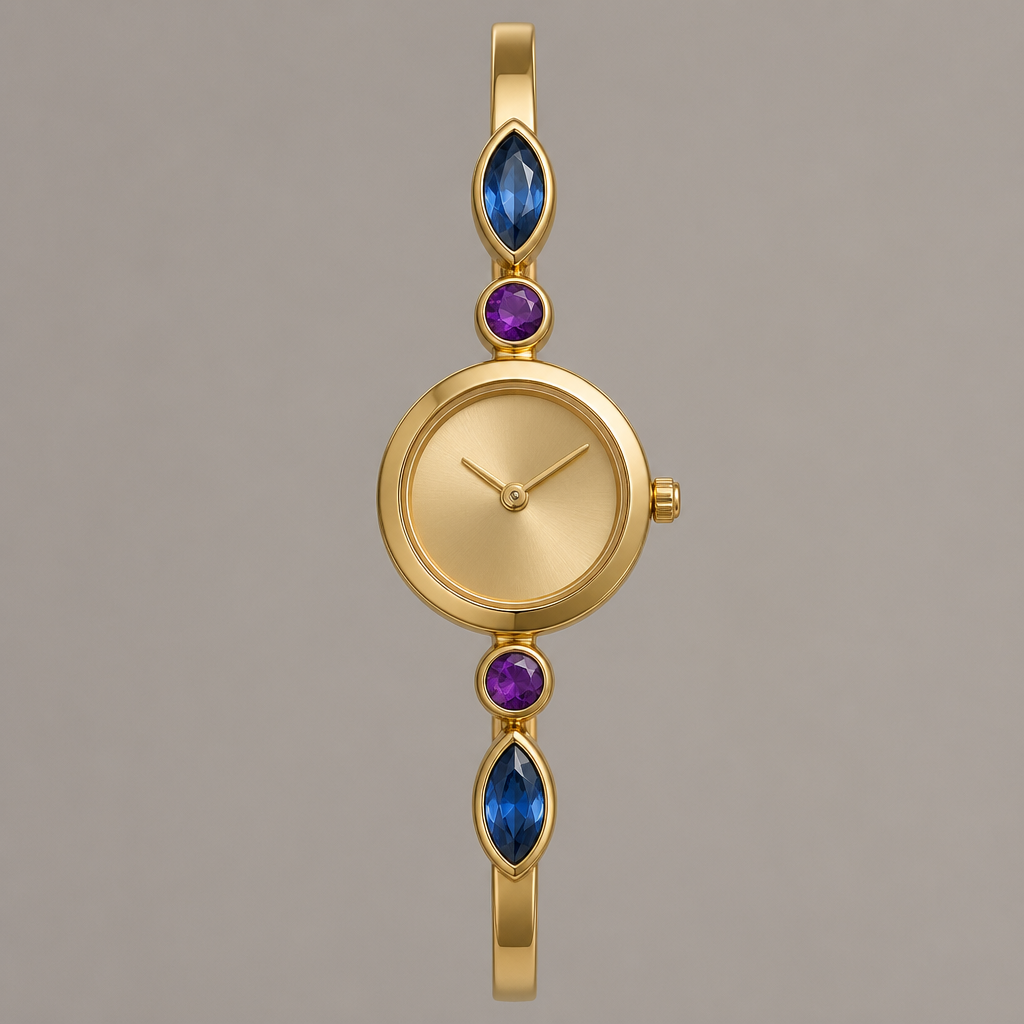 A minimalist women's watch made of gold with sapphire and amethyst stones suitable for daily wear. gera o relógio exatamente como na omagem igual à imagem
photorealistic jewelry design, A minimalist women's watch made of gold with sapphire and amethyst stones suitable for daily wear. gera o relógio exatamente como na omagem igual à imagem, minimalist style, just the design no text