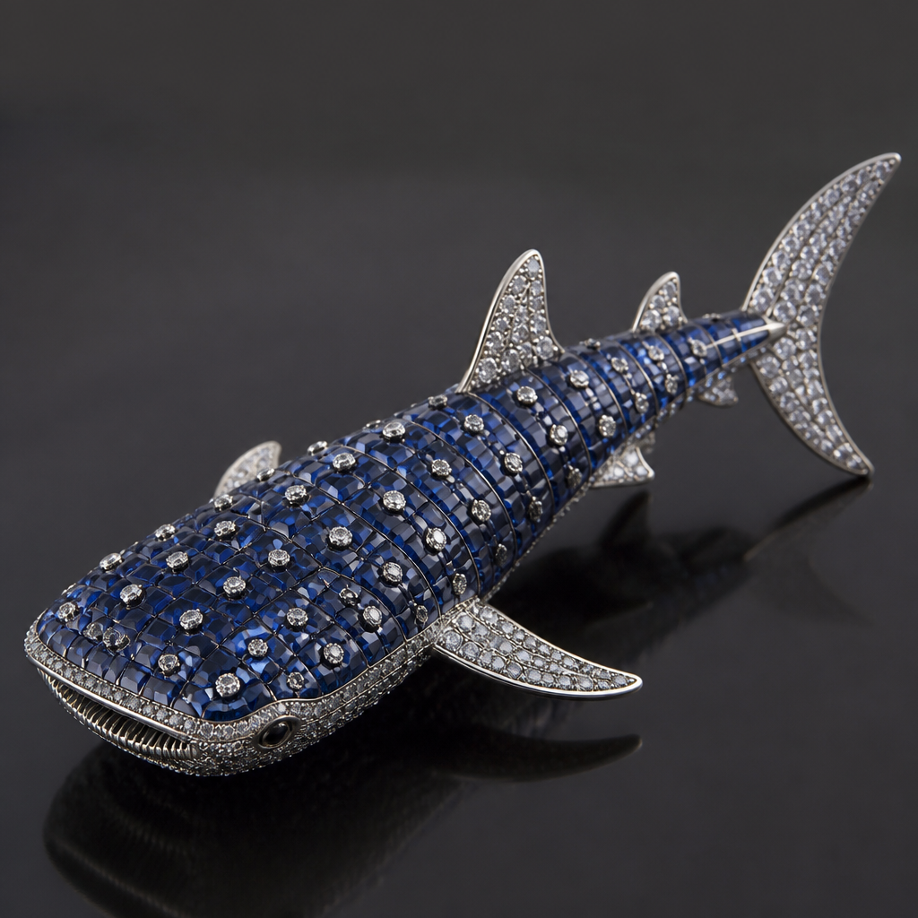 Sapphire whale shark with diamond spots
photorealistic jewelry design, Sapphire whale shark with diamond spots , avant_garde style, just the design no text