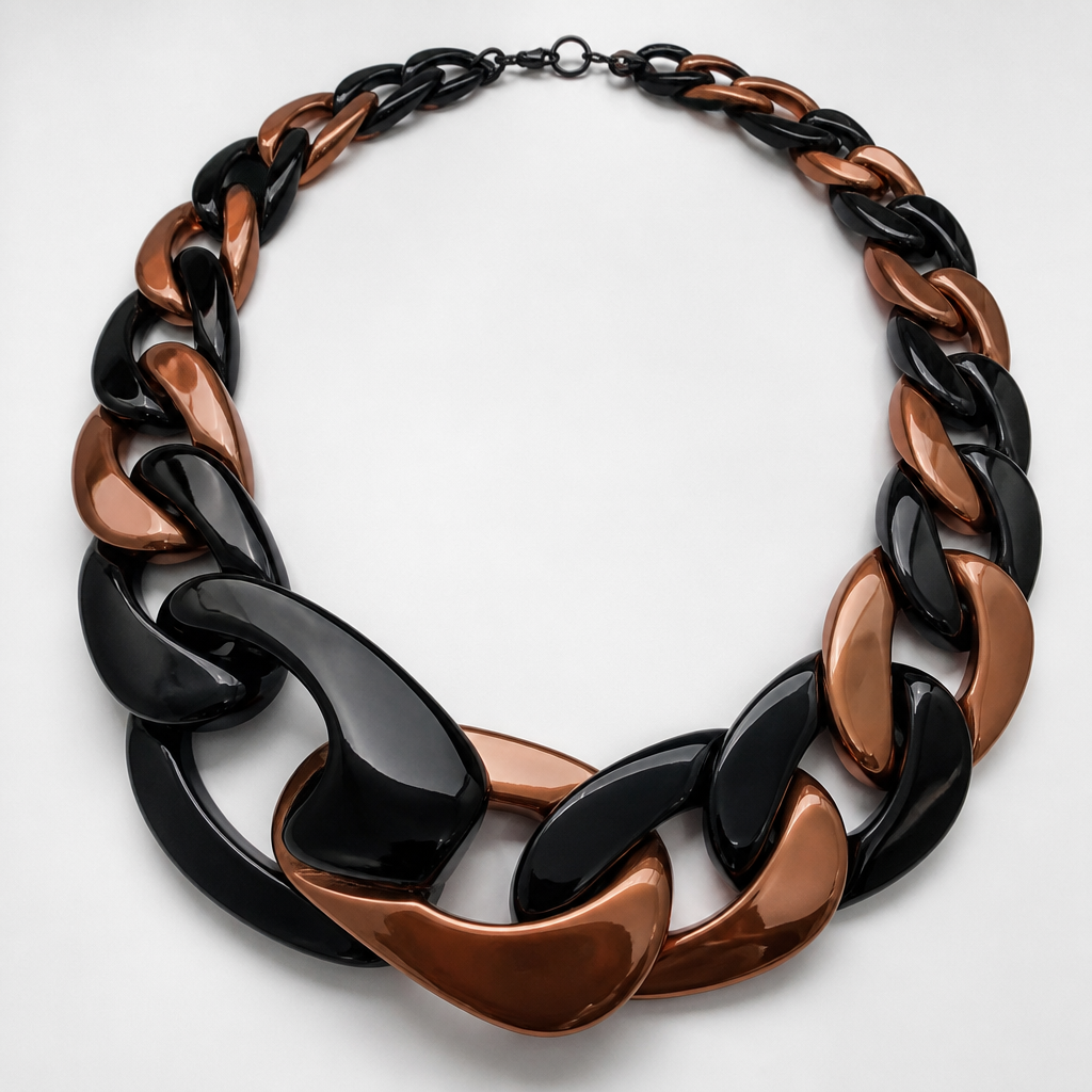 A women's necklace. create a chunky Cuban links style plastic necklace that is graduated and exaggerated in the first three links.colors: alternating black and copper
photorealistic jewelry design, A women's necklace. create a chunky Cuban links style plastic necklace that is graduated and exaggerated in the first three links.colors: alternating black and copper, modern style, just the design no text