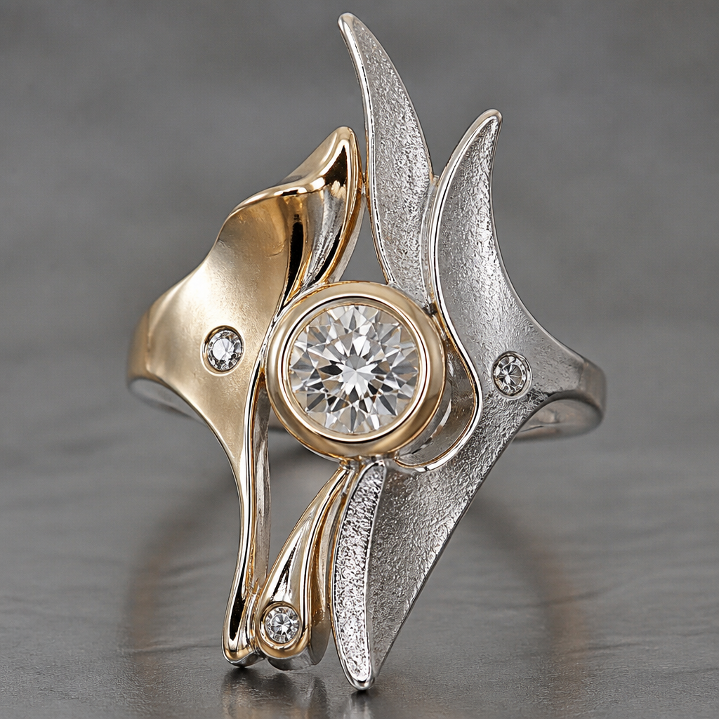 A avant-garde women's ring made of mixed metal with diamond stones suitable for festival. An extraordinary excellent beautiful delicate and elegant solitaire women ring. Face of the ring.
photorealistic jewelry design, A avant-garde women's ring made of mixed metal with diamond stones suitable for festival. An extraordinary excellent beautiful delicate and elegant solitaire women ring. Face of the ring., avant_garde style, just the design no text