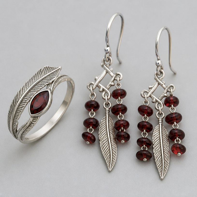 A women's ring made of silver with garnet stones. feather earrings
using the attached image as a visual reference, create A women's ring made of silver with garnet stones. feather earrings. photorealistic, just the design no text