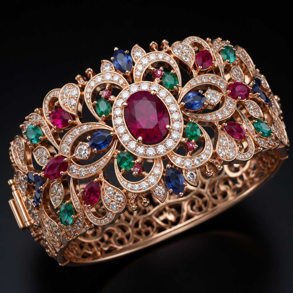 A luxury women's bracelet made of rose gold with diamond and ruby and sapphire and emerald stones, highly ornate, intricate and elaborate, richly detailed
photorealistic jewelry design, A luxury women's bracelet made of rose gold with diamond and ruby and sapphire and emerald stones, highly ornate, intricate and elaborate, richly detailed, luxury style, just the design no text