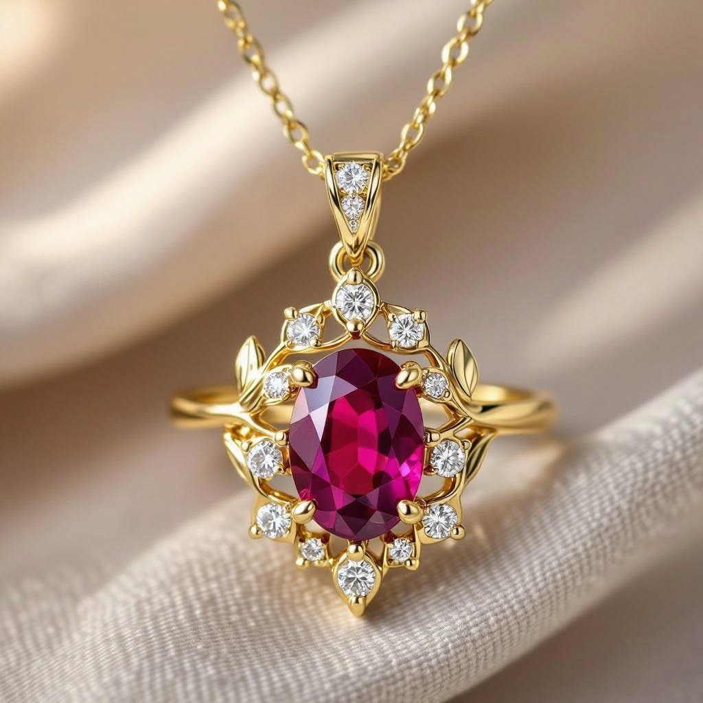 7x5mm oval pigeon blood ruby with 8 marquis cut diamonds each .08ct set in white gold pendant 