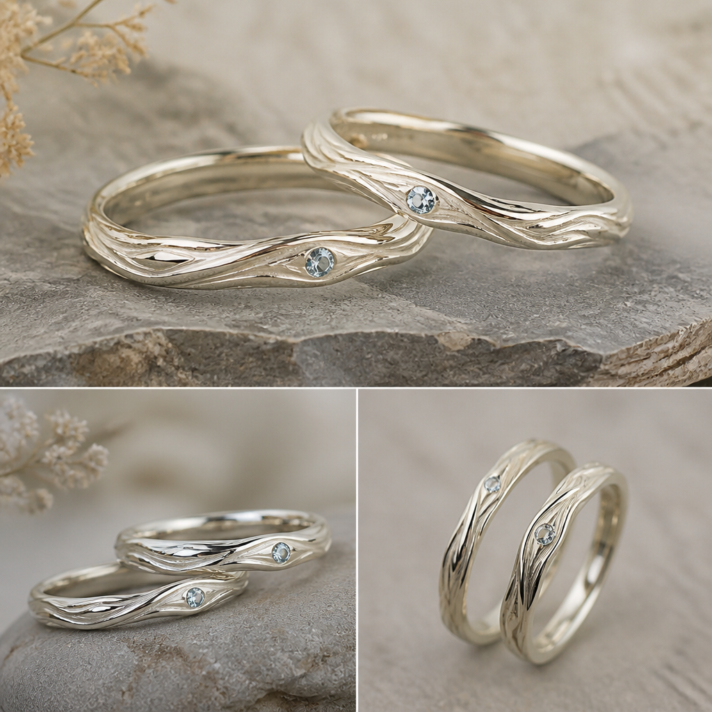 A romantic women's ring made of gold. Создать дизайн обручальных колец, золотые из светлого золота(не желтого,возможно белого ), тонкие но что бы внутри вместилась гравировка "Цом Цом",возможно как состоящие из нескольких частей фактурные напоминающие дерево и плывущее как река, не ровные, немного в эльфийском стиле, но не перегруженно, с маленьким или чуть меньше среднего камнем голубого или голубо-зеленого цвета.
photorealistic jewelry design, A romantic women's ring made of gold. Создать дизайн обручальных колец, золотые из светлого золота(не желтого,возможно белого ), тонкие но что бы внутри вместилась гравировка "Цом Цом",возможно как состоящие из нескольких частей фактурные напоминающие дерево и плывущее как река, не ровные, немного в эльфийском стиле, но не перегруженно, с маленьким или чуть меньше среднего камнем голубого или голубо-зеленого цвета., romantic style, just the design no text