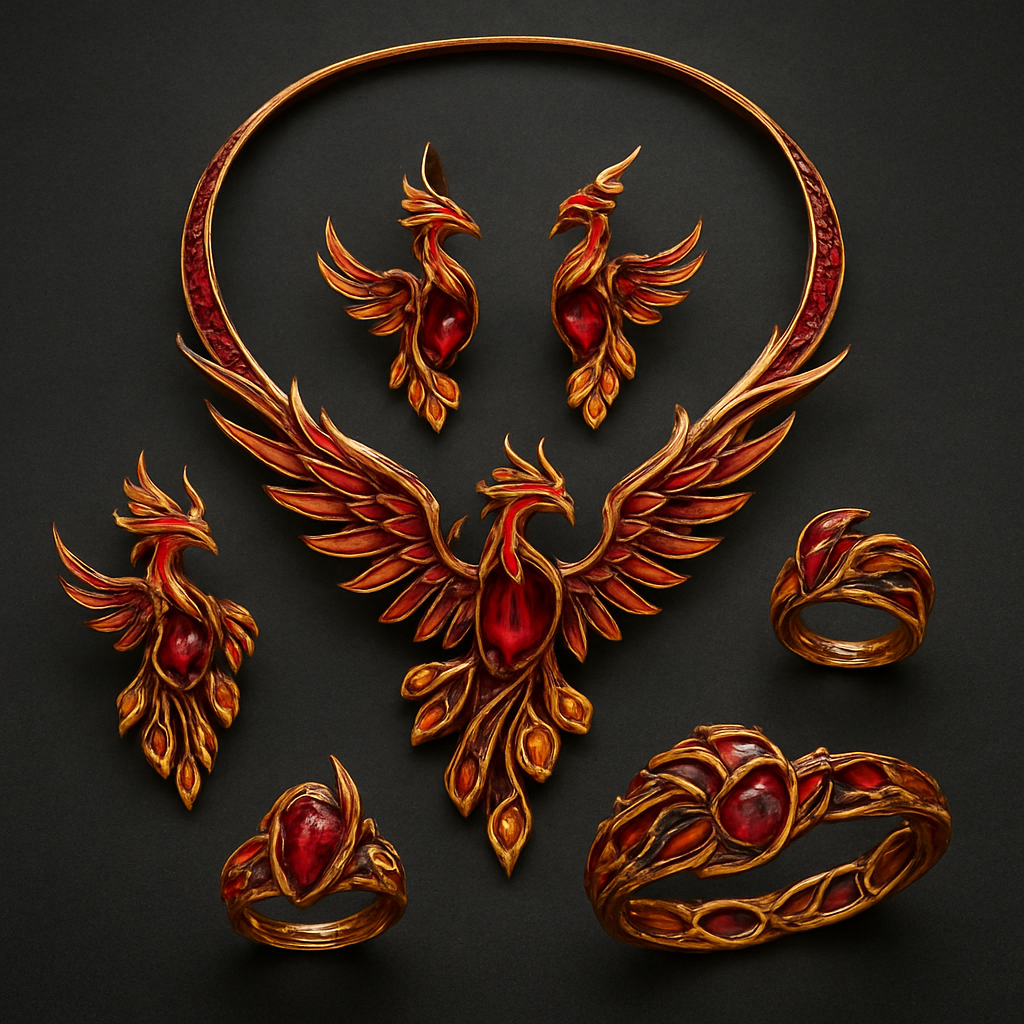 A full Ruby jewelry set including bracelet, earrings and rings with at least 10 citrine and topaz inlays with phoenix themes and an omega necklace