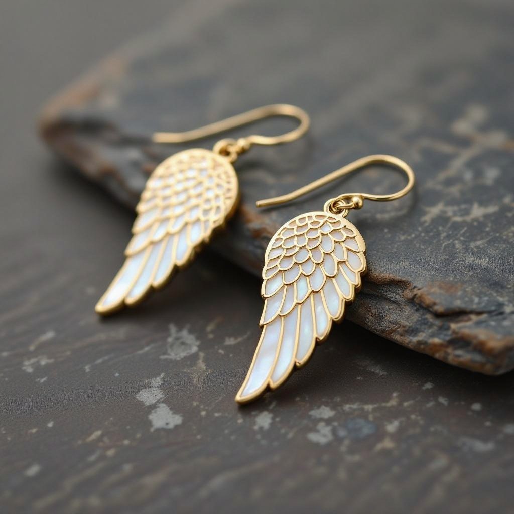 Серьги золотые в виде белого крыла ангела из перламутра 