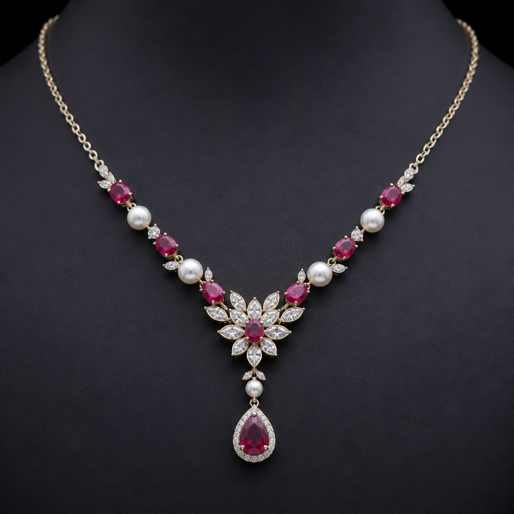 A women's necklace with ruby and diamond and pearl stones. ~I
.gGood!.
photorealistic jewelry design, A women's necklace with ruby and diamond and pearl stones. ~I
.gGood!., modern style, just the design no text