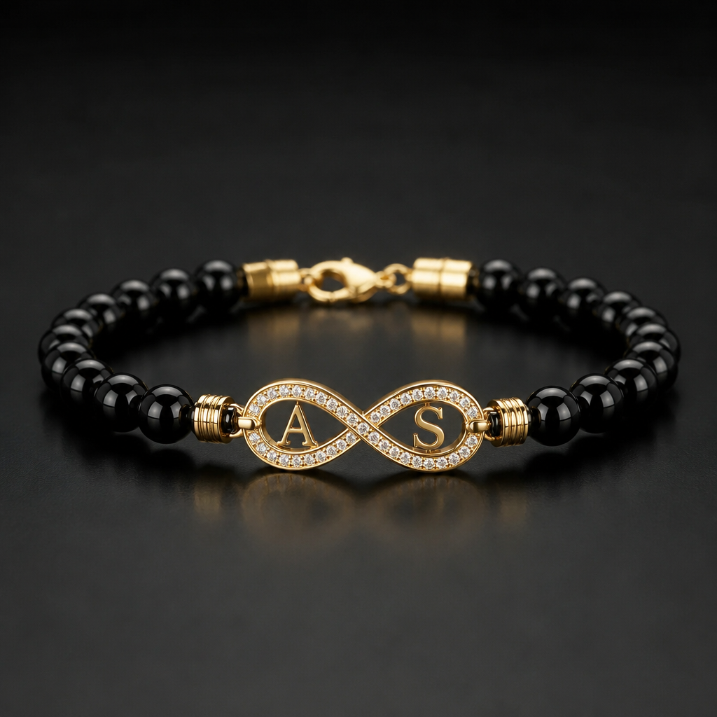 A bracelet with black beads and gold. With a infinity gold n diamond with initials A n S . A little masculine for men
photorealistic jewelry design, A bracelet with black beads and gold. With a infinity gold n diamond with initials A n S . A little masculine for men, infinity style, just the design no text