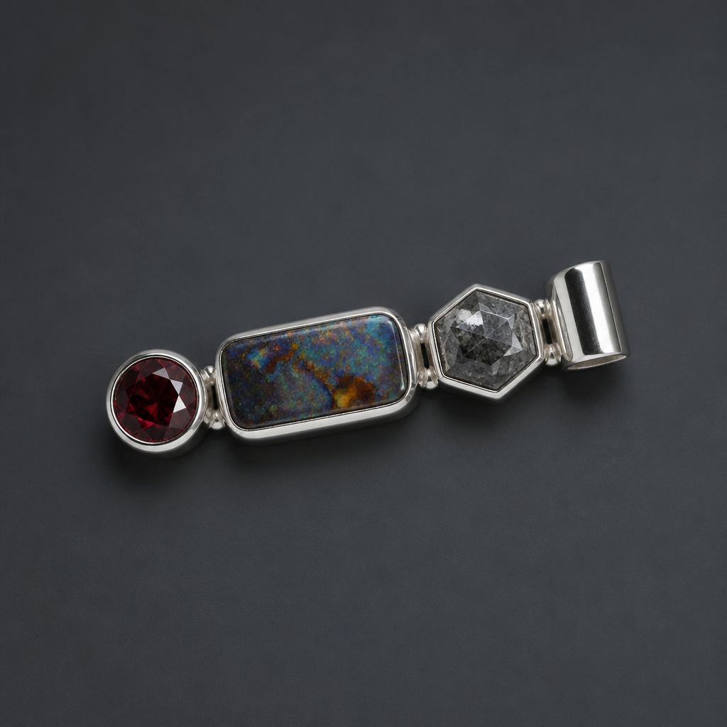 5mm round red beryl, rectangle boulder opal, 5mm hexagon salt and pepper diamond pendant sideways using tube bail
photorealistic jewelry design, 5mm round red beryl, rectangle boulder opal, 5mm hexagon salt and pepper diamond pendant sideways using tube bail, modern style, just the design no text