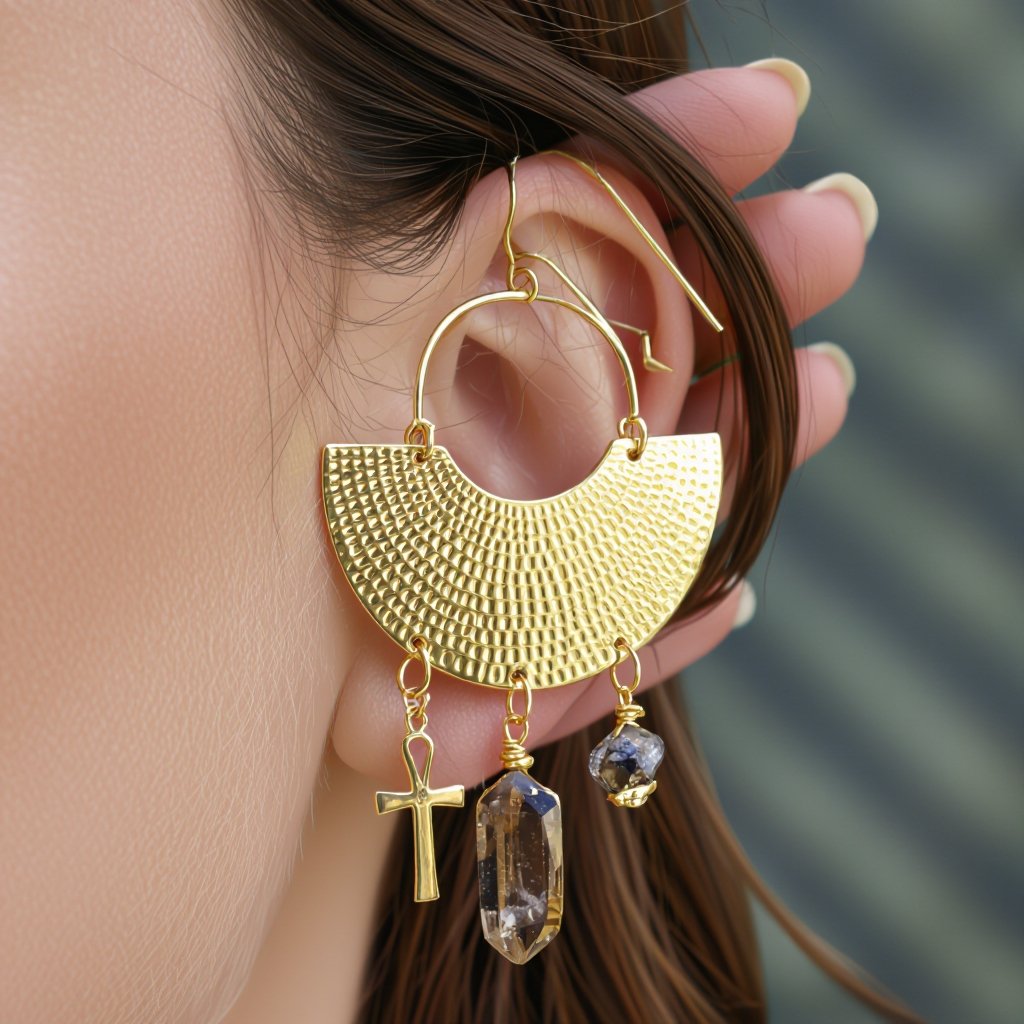 Золотые серьги словно мятое золото в форме узкого изящного полумесяца. Верхушка полумесяца крепится к застежке серьги. К нижней части полумесяца крепятся три подвески: миниатюрный золотой египетриский крест, очень маленький кристалл раухтопаза и маленький золотой кружочек с мятым эффектом плоский